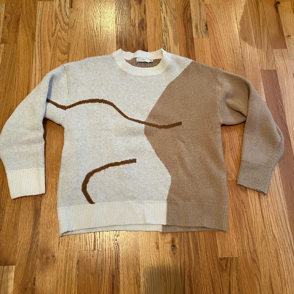 Lush Cream Brown Patterned Crewneck Sweater, Size Medium (M)